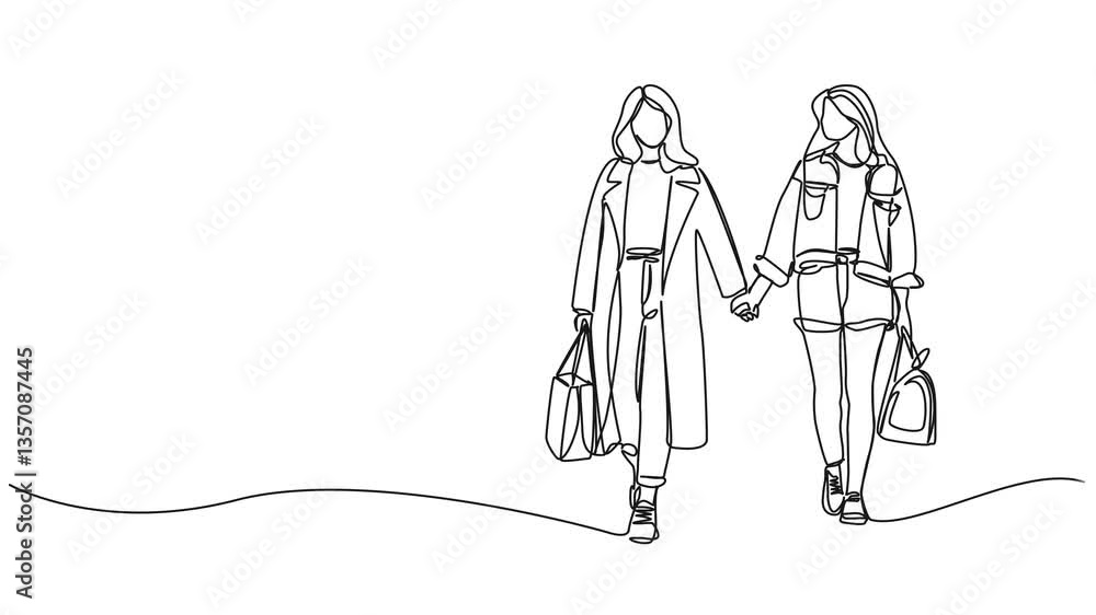 animated continuous single line drawing of two young women walking hand in hand, line art animation animated continuous single line drawing of two young women walking hand in hand, line art animation