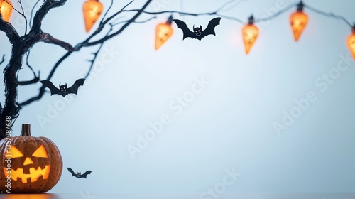 Spooky PowerPoint Background with Carved Jack-o'-lantern, Bare Branches, Skull Lights, and Bats
