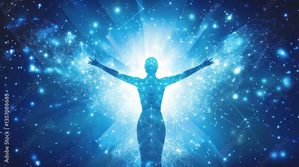 Illuminated female figure with outstretched arms, surrounded by a radiant blue energy field and geometric patterns, symbolizing spiritual awakening or enlightenment. Illuminated female figure with outstretched arms, surrounded by a radiant blue energy field and geometric patterns, symbolizing spiritual awakening or enlightenment.