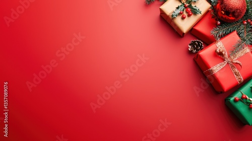 Festive PowerPoint Background with Vibrant Red Gifts Holly and Pine for Holiday Presentations 2023