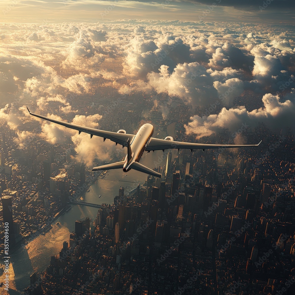 Naklejka premium Airplane Flying Over a Cityscape with Clouds in the Background