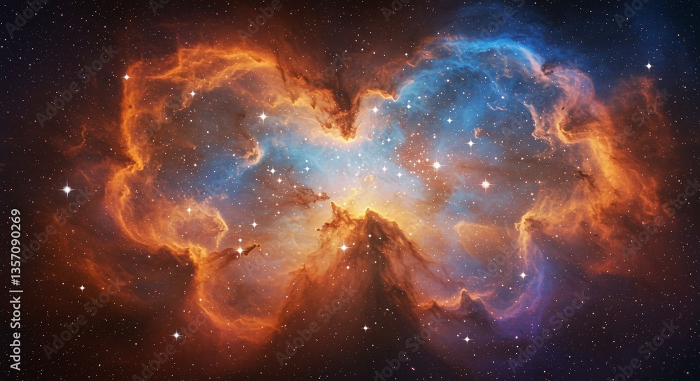 Fototapeta premium Nebula's Cosmic Embrace: Immerse yourself in the breathtaking allure of a radiant nebula, where vibrant hues of orange, blue, and cosmic dust dance in a symphony of light and color.