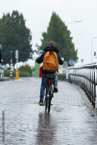 Students riding electric bicycles in the rain on a wet road near a city park during a cloudy day