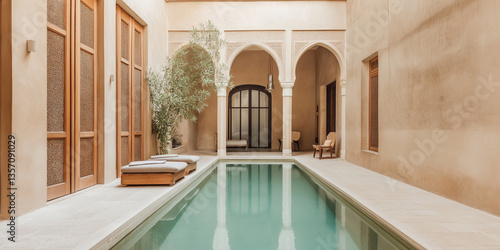 A Moroccan Riad: Mosaic Floors and Vibrant Ceramic Planters Filled with Lush Greenery in a Serene Courtyard