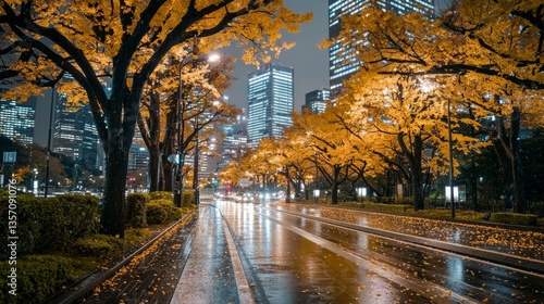 The urban street is filled with glowing autumn leaves and city lights after the evening rain