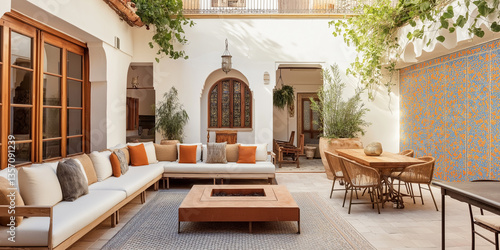 A Moroccan Riad: Mosaic Floors and Vibrant Ceramic Planters Filled with Lush Greenery in a Serene Courtyard