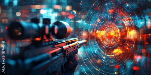 Digital sniper rifle targeting holographic rings in a cityscape