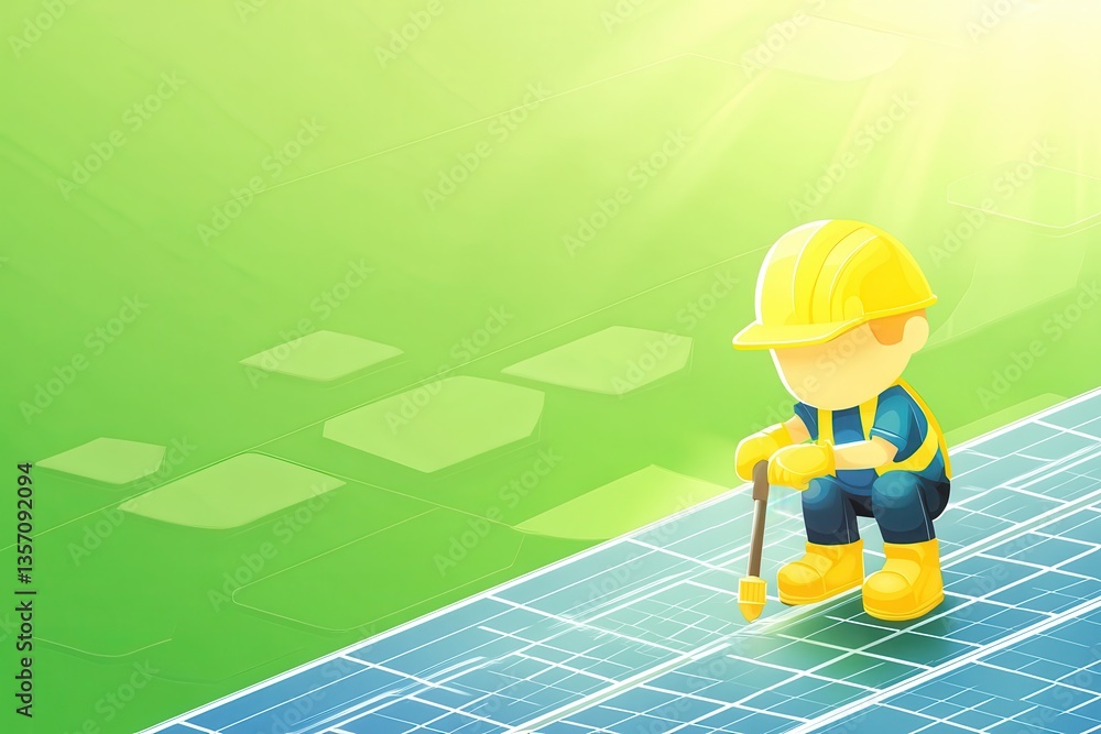 Obraz premium Worker Installing Solar Panels on Green Background Illustration