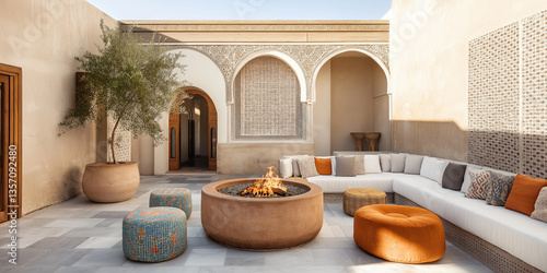 Rooftop Riad Oasis: Colorful Mosaic Tabletops and Moroccan Poufs Under a Golden Sunset Over the City Skyline