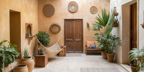 A tropical-inspired riad where the entire courtyard is transformed into a botanical retreat, with banana plants, palms