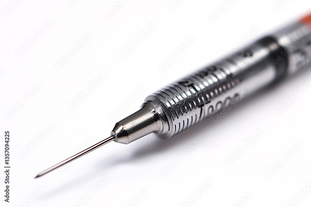 Close-up of a silver mechanical pencil with a fine tip on a white background for artistic and educational uses Close-up of a silver mechanical pencil with a fine tip on a white background for artistic and educational uses