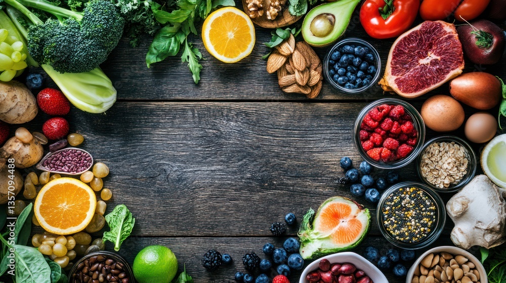 Assortment of fresh fruits, vegetables, and whole grains arranged on a rustic wooden surface, forming a frame. Assortment of fresh fruits, vegetables, and whole grains arranged on a rustic wooden surface, forming a frame.