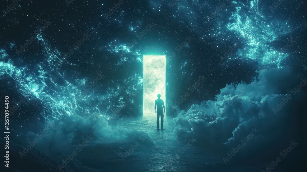 Fototapeta premium Figure before a surreal luminous doorway in a dreamlike celestial landscape, standing at the threshold of the unknown.