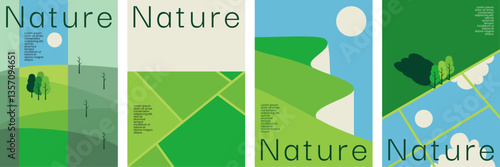 Minimalist nature landscape illustrations with green hills, fields, forests, perfect for eco-friendly posters, environment-themed prints, and modern sustainable design.