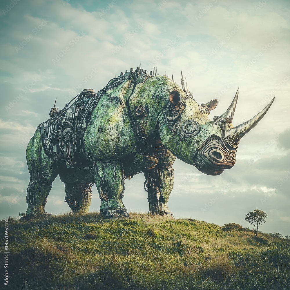 Fototapeta premium A high-tech cityscape serves as the setting for a vibrant cyberpunk rhinoceros image