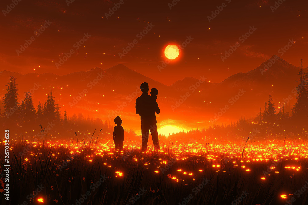 Fototapeta premium Family Silhouette at Sunset Over Flower Field