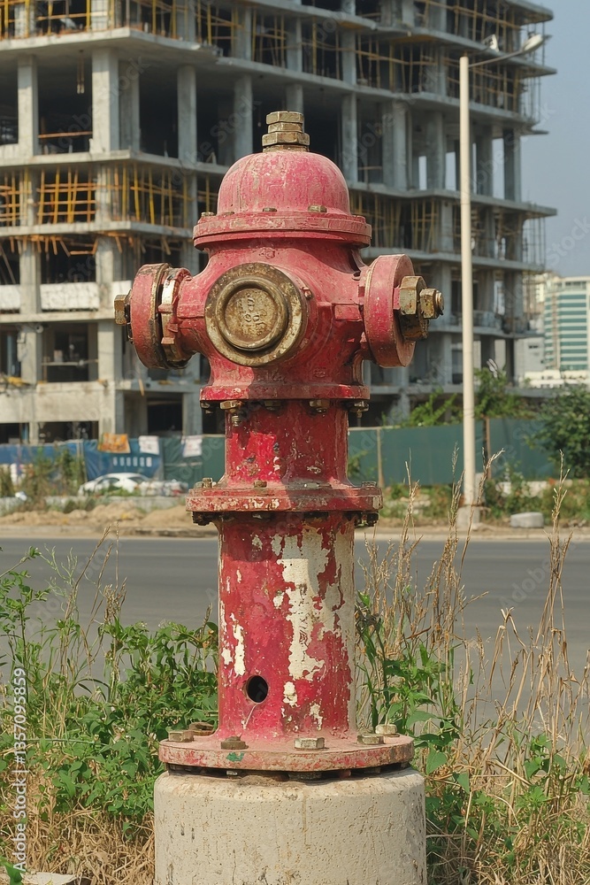 Fire hydrant in a state of disrepair on a city street with a construction site behind it Fire hydrant in a state of disrepair on a city street with a construction site behind it