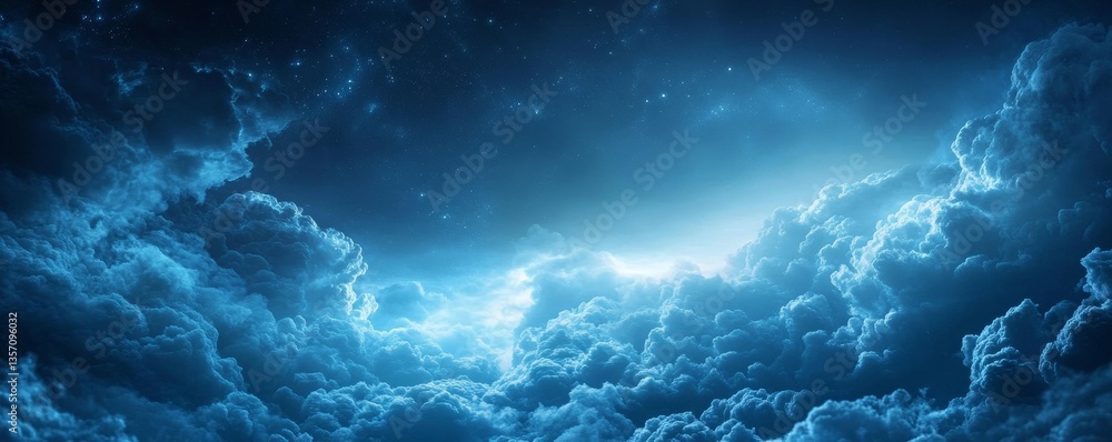 Fototapeta premium an ethereal, dramatic sky filled with voluminous, swirling clouds. The colors range from deep blues to lighter, radiant areas