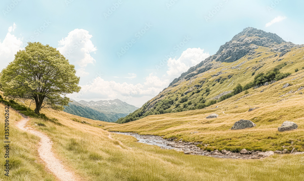 Fototapeta premium Scenic landscape with lush hills winding path and clear stream in the countryside