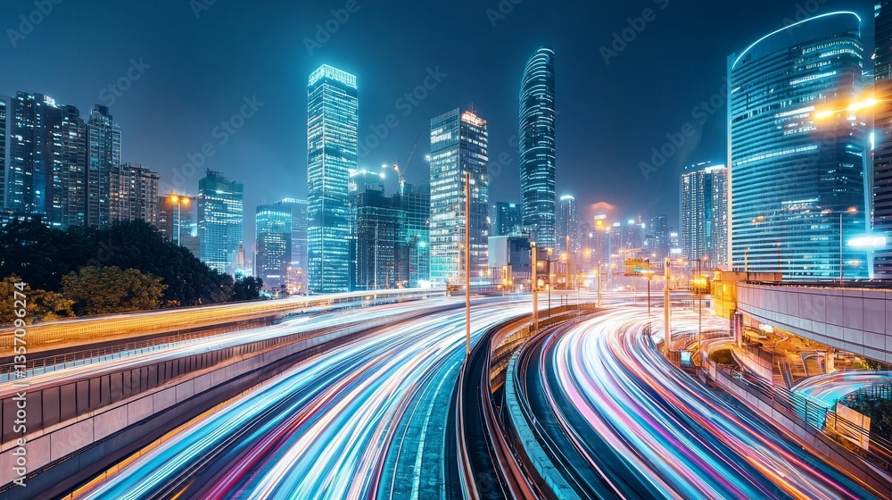 Obraz premium Captivating and unclear photograph of a swift cityscape at night conveying the feeling of swiftness and city living : Stock