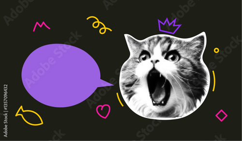 Pop art cat halftone illustration speech bubble. Angry cat face halftone pattern animal design retro cartoon poster
