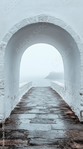A serene walkway extends through a majestic white arch, guiding the viewer’s gaze toward an ocean shrouded in fog on a tranquil morning, inviting exploration and contemplation.