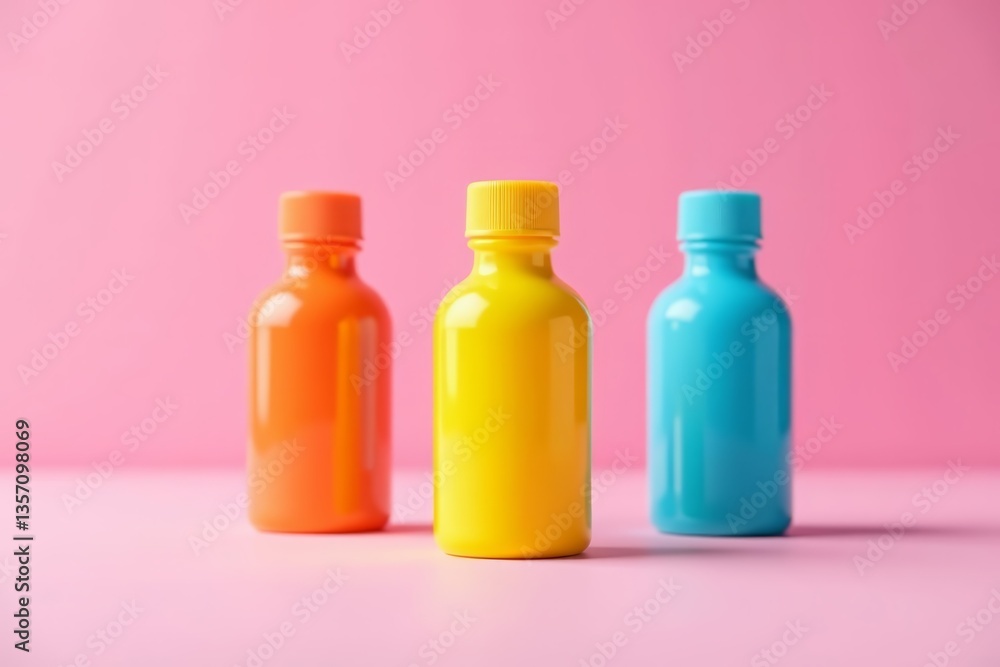 Three colorful mini bottles on soft pink surface, elegance, skincare, girly Three colorful mini bottles on soft pink surface, elegance, skincare, girly