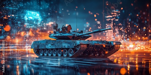 Modern main battle tank positioned in a futuristic city