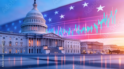A vibrant image combining the U.S. Capitol building with a backdrop of financial graphs and an American flag, symbolizing politics and economics.
