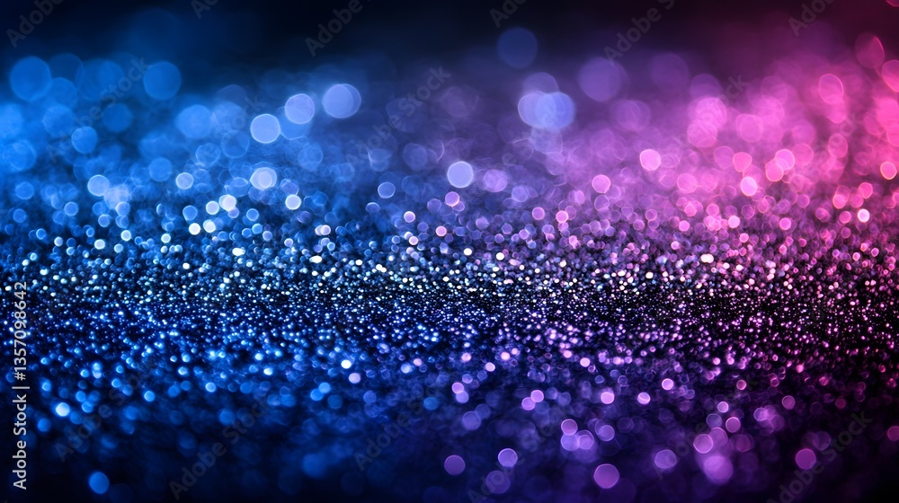 Neon glitter background. Grain texture. Defocused sparkles. Bokeh glow. Fluorescent blue magenta pink color gradient light shimmering sequin pattern. Abstract modern Purple Glitter Background