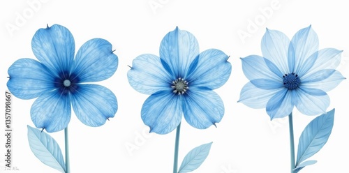 Three minimalistic blue abstract watercolor blooms arranged in a stylish design, floral, artwork