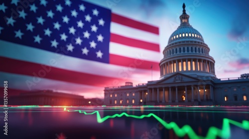 A vibrant image of the U.S. Capitol building with the American flag in the background, symbolizing democracy and governance, accompanied by a stock market trend line.