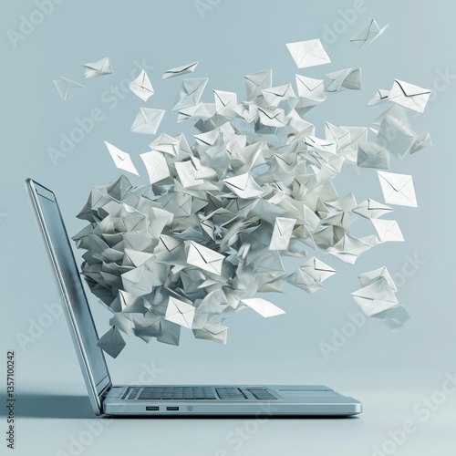 Numerous white email icons emerge from a silver laptop against a light blue background. The image depicts digital communication and overflowing inbox.