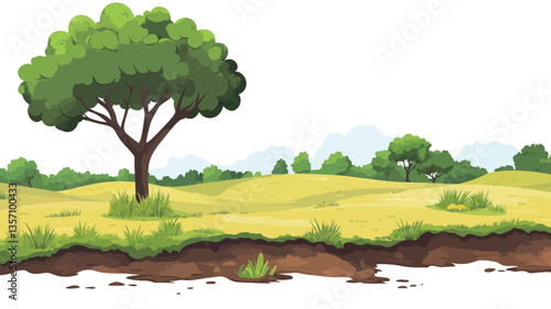 A digital illustration depicting a stylized landscape. The scene features rolling hills covered in yellow-green grass. A single, large, green tree stands prominently in the foreground on the left.