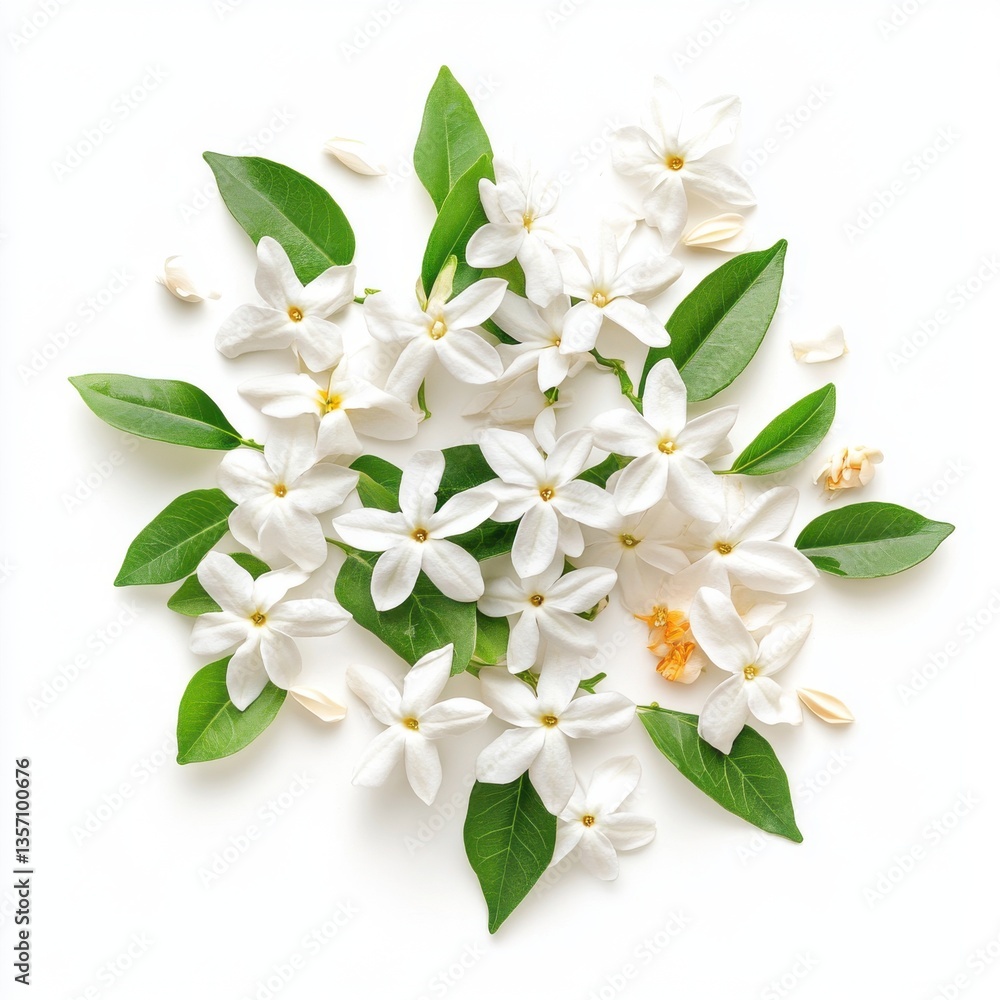 Obraz premium Aesthetic white jasmine flowers with green leaves isolated on a white background.