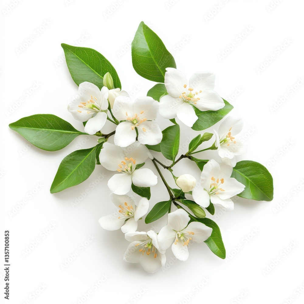 Aesthetic white jasmine flowers with green leaves isolated on a white background. Aesthetic white jasmine flowers with green leaves isolated on a white background.