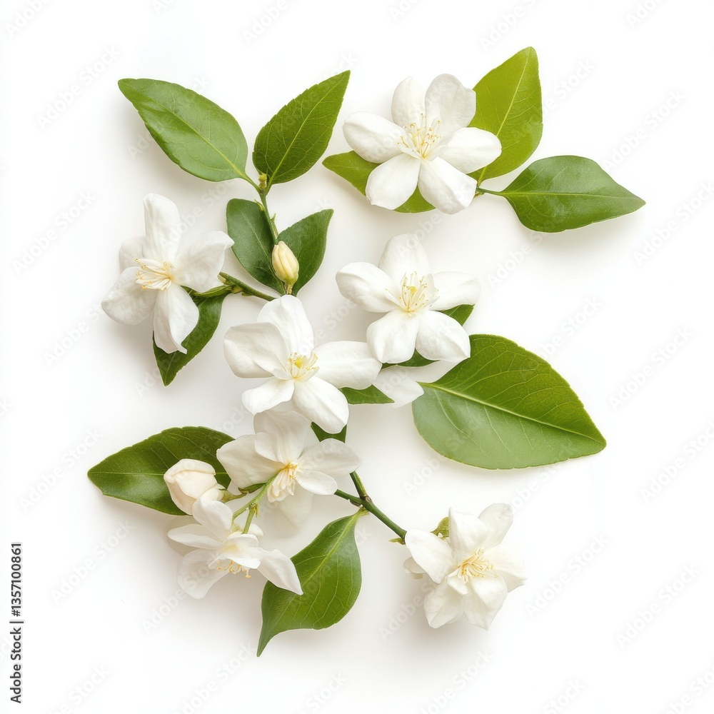 Obraz premium Aesthetic white jasmine flowers with green leaves isolated on a white background.