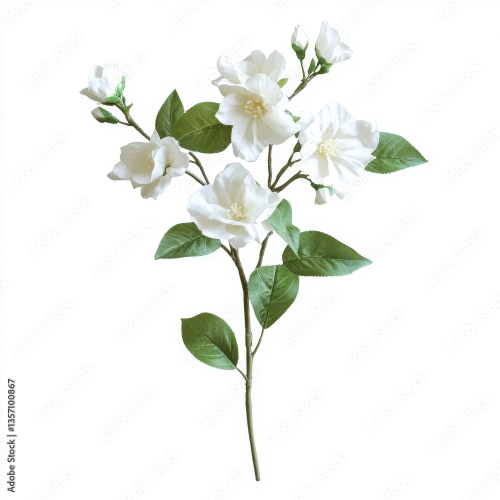 Fototapeta premium Aesthetic white jasmine flowers with green leaves isolated on a white background.