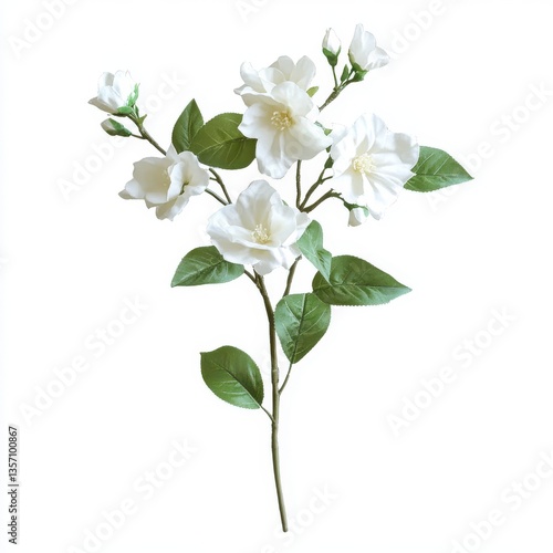 Aesthetic white jasmine flowers with green leaves isolated on a white background.