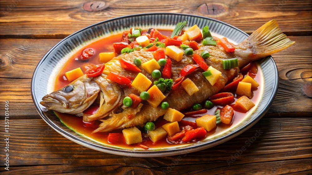 A plate of sweet and sour Grouper on brown wooden table. A plate of sweet and sour Grouper on brown wooden table.
