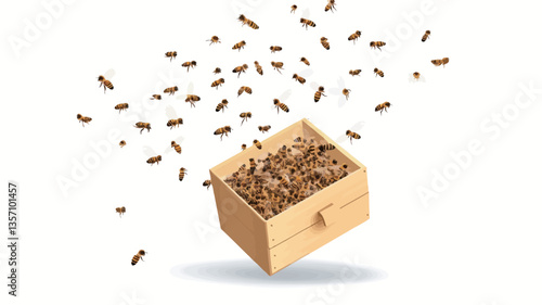 The image shows a light brown, small, rectangular wooden box in a floating position against a pure white background. Numerous small honeybees are depicted both inside the box and swarming out of