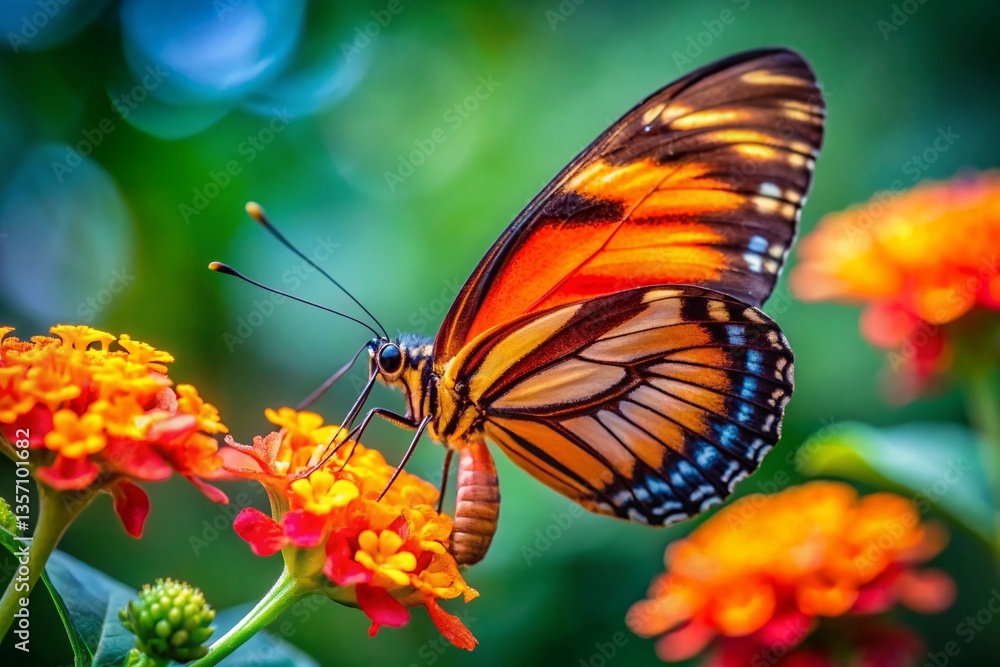 Fototapeta premium Banded Orange Heliconian Butterfly on Flowers - Vibrant Nature Stock Photo