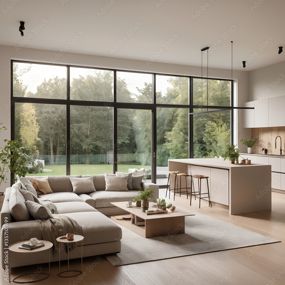 Fototapeta premium Modern Minimalist Living Room with Open Plan Kitchen and Garden View