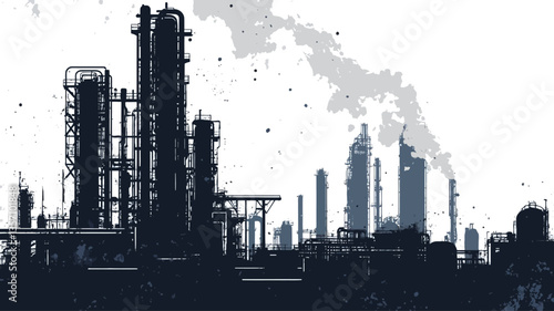 A stylized monochrome illustration depicting an industrial landscape. The image is dominated by the silhouettes of various industrial structures, including tall towers and cylindrical tanks, set