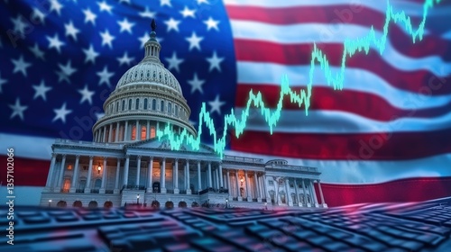 A stylized image featuring the U.S. Capitol against an American flag backdrop, overlaid with a digital growth chart representing financial trends.