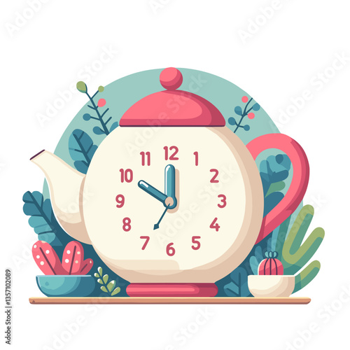 Cute kitchen clock shaped like a teapot, modern style, colored vector on transparent background 