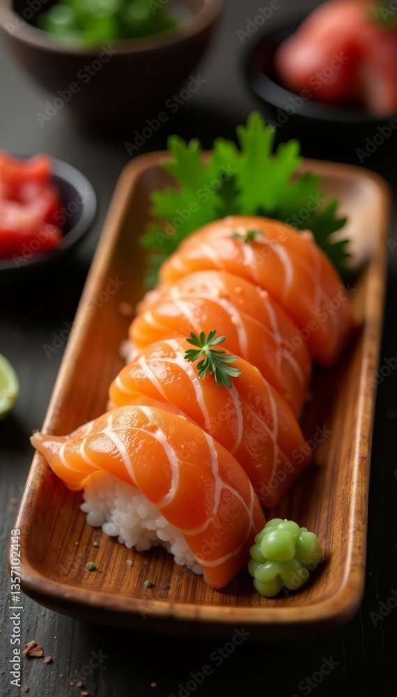 Top view of delicious salmon sushi on a bamboo plate with wasabi and soy sauce, meal, fresh, Asian cuisine Top view of delicious salmon sushi on a bamboo plate with wasabi and soy sauce, meal, fresh, Asian cuisine