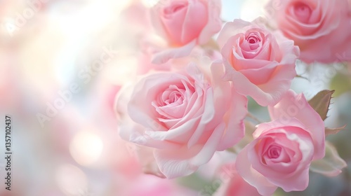 Fototapeta Naklejka Na Ścianę i Meble -  light pink roses in soft color and blur style for background. sweet color roses flowers in pastel tone with blurred style for background pattern texture. sweet color flower petals in soft color