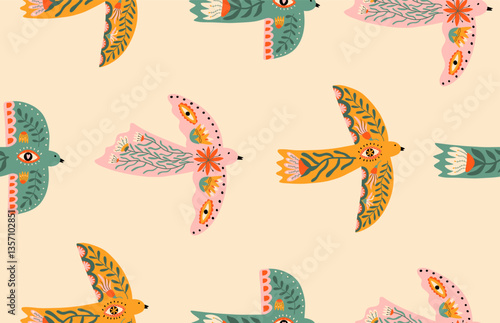 Folk doves seamless pattern with eyes, flowers and leaves. Vector background for fabric, cover, stamp. Spring illustration.