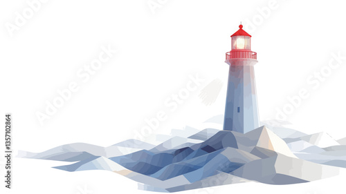 A digital illustration depicting a stylized lighthouse rendered in a low-poly aesthetic. The lighthouse is predominantly white with a red top and is situated on a rocky outcrop. The rocks and